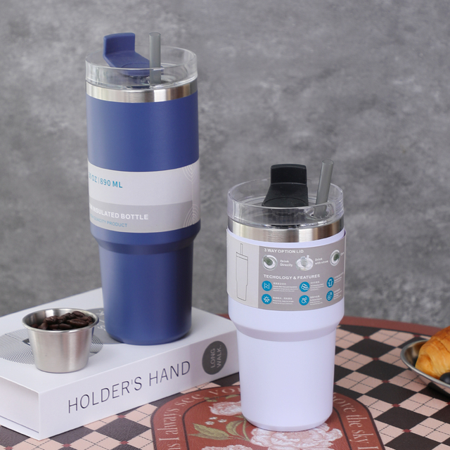 Široká ústa 304 z nerezové oceli Travel Travel Thermal Cup Thermal & Cool Tumbler s víkem a slámou