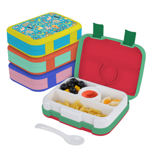 4 Compartment Style Kids Lunch Box Set with Reusable Plastic Utensils