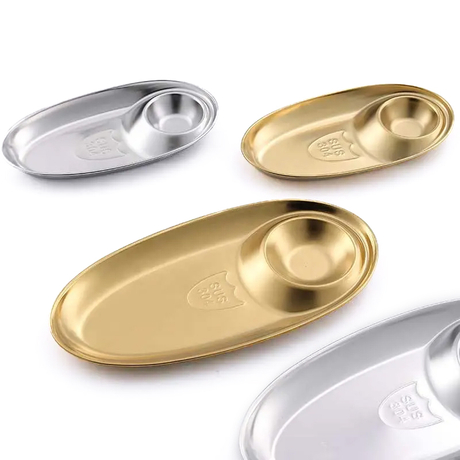 BJ-281 304 Stainless Steel Chip Dip Platter Silver Oval Divided Spice Dish Snack Plate 