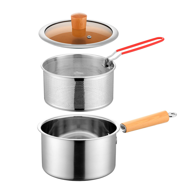 BJ-920 Stainless Steel Frying Pot Long Handle Deep Fryer Cooking Pot with Strainer Basket & Lid