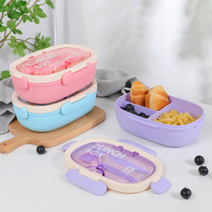 BPA Free Children's Bento Box Plastic Food Container Portable Lunch Box with Cutlery Set