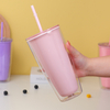 Wide Mouth Reusable Water Bottle Plastic Double Wall Tumbler with Lid and Straw