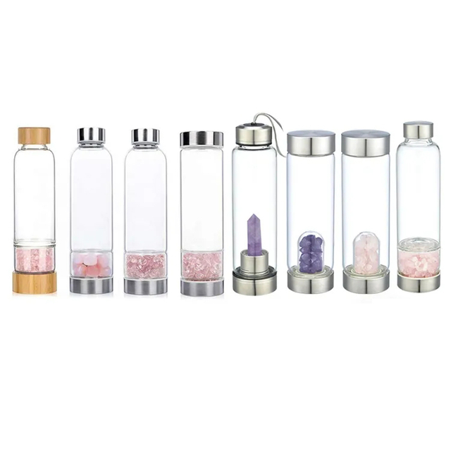 BJ-001 Crystal Glass Water Bottle with Changeable Natural Crystal Center for Healing and Wellness