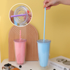 Wide Mouth Reusable Water Bottle Plastic Double Wall Tumbler with Lid and Straw