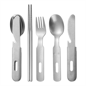 Portable Stone Wash Camping Utensil 5pcs Steel Silver Vintage Flatware Travel Cutlery Set With Case