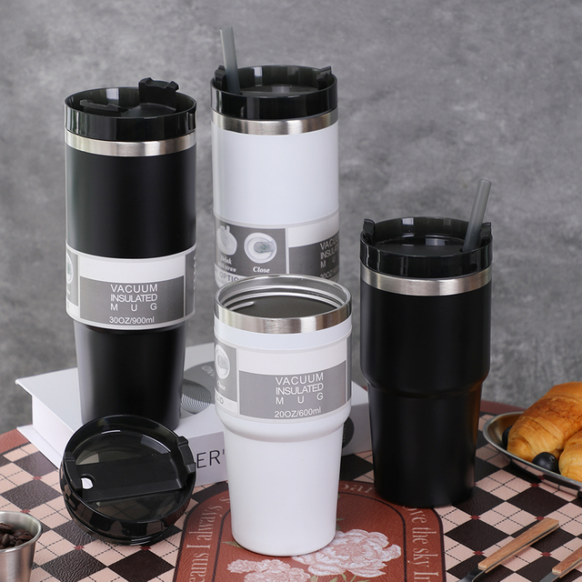 Leakproof 304 Stainless Steel Double Wall Travel Mug Large Clear Water Bottle Thermal Cup Thermal & Cool Tumbler with Straw Lid