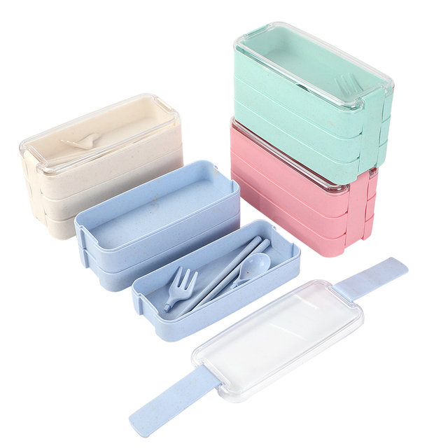 3 Layers Versatile Wheat Straw Fiber Plastic Lunch Box with Utensil